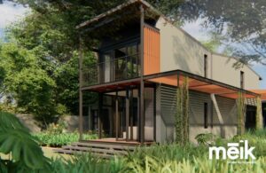 steel and timber pergola to west façade and steel frame balcony and porch with full length windows open onto garden