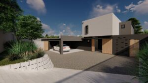 Double story modern home Carport , driveway and entrance with timber screen