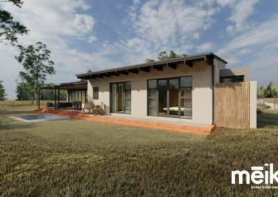 bedrooms with walkway and covered patio
