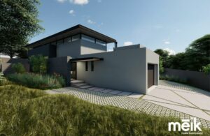 Modern contemporary, two storey home with concrete paved walkway to front door