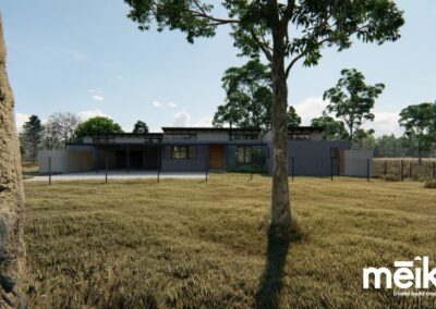 guest parking and covered carport leading to covered entrance of contemporary home with pitched roofs and high level windows