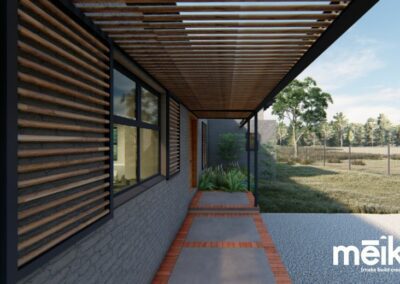 Contemporary home, Covered entrance walkway with pergola and timber shutters