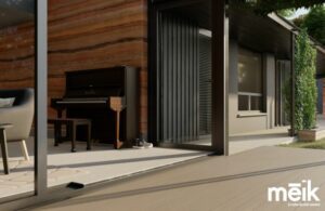 contemporary family home Living area with rammed earth wall and covered walkway