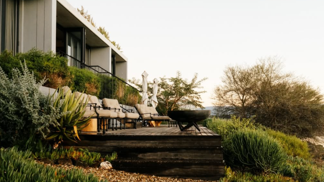 A firepit ensues the deck stays cozy on the coller nights