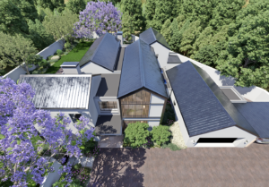 Aerial render showing the classic contemporary gable design with solar-ready steel sheeting and integrated PV panel potential