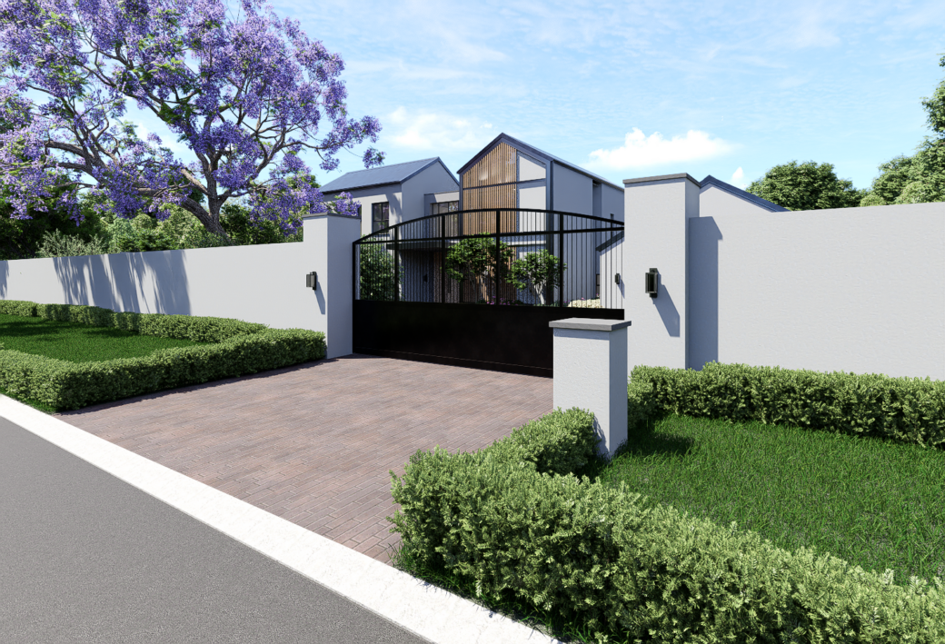 Street-side view of the Carew Reno project in Sandton showing the sleek boundary wall and integration with the surrounding Jacaranda trees.