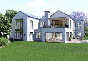 Side view of the contemporary home renovation showing the clean lines of the new steel sheeting gable roof and courtyard access.
