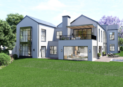 Side view of the contemporary home renovation showing the clean lines of the new steel sheeting gable roof and courtyard access.