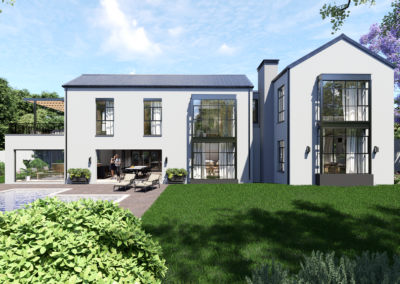 Rear facade of the Inanda home featuring modernized bay windows stretched across both floors to maximize natural North-facing light.