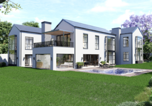 Outdoor living area and pool view showing the seamless flow between the kitchen, dining areas, and the sprawling garden in Sandton.