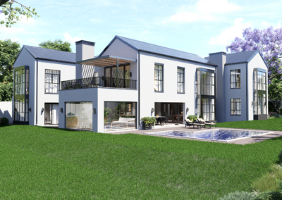 Outdoor living area and pool view showing the seamless flow between the kitchen, dining areas, and the sprawling garden in Sandton.