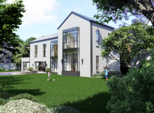 Aerial render showing the classic contemporary gable design with solar-ready steel sheeting and integrated PV panel potential.