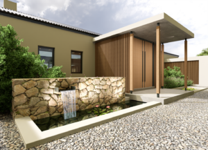 Close-up of a modern home entrance featuring a stone wall water fountain, rectangular pond, and vertical wood slat siding under a cantilevered roof.