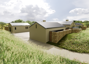 Elevated perspective of a modern farmhouse complex with grey gabled roofs, olive green walls, and surrounding green fields.