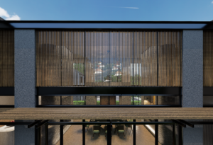 A large-scale architectural feature window covered with grey vertical slats for privacy and light filtration.