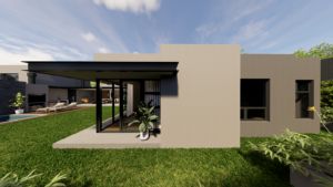 A covered outdoor entertainment area with a dining table, lounge chairs, and a built-in braai or fireplace.