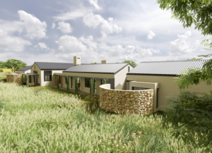 Perspective of the house from a grassy hill, highlighting a unique curved stone wall feature and gabled rooflines.