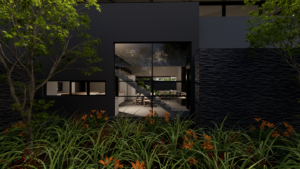 View through a large glass window showing a double volume living room with a staircase and sleek lighting