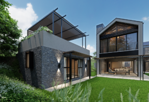 Rear view of the gabled bedroom wing featuring a private balcony with black steel railings overlooking the garden."