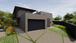 Front view of a modern courtyard house with charcoal gray walls, a black double garage door, and Grass blocks for secure, green off-street guest parking.