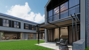 View of the seamless indoor-outdoor transition featuring black-framed sliding glass doors and a covered seating area."