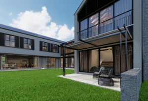 View of the seamless indoor-outdoor transition featuring black-framed sliding glass doors and a covered seating area."