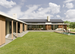 View from the L-shaped inner courtyard featuring a flat green lawn and a covered walkway supported by pillars.