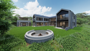L-shaped modern house overlooking a large green lawn with a circular sunken fire pit and multiple covered patio areas."