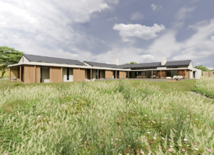 Wide panoramic shot of the home’s rear facade showing consistent timber paneling and large windows integrated into the grassy landscape.
