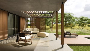 Modern outdoor living space with a black metal pergola, comfortable grey sofas, lime green cushions, and timber accents overlooking a field.