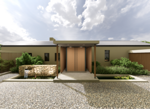 Symmetrical eye-level view of a modern wooden double-door entrance flanked by olive green walls and a stone water feature.