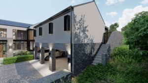 View of the multi-car garage with grey textured walls and vertical light fixtures, integrated into the modern gabled design.