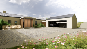 Wide shot of a modern olive green house with a gravel driveway, wildflower meadow in the foreground, and an open two car garage