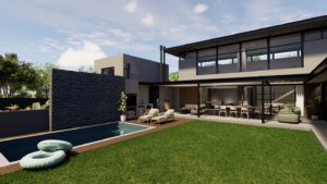 Wide-angle view of a luxury backyard featuring a U shaped modern courtyard house, a rectangular plunge pool, and an outdoor dining area.
