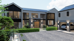 Contemporary two-story home featuring a stone-cladded entrance, a large wooden pivot door, and expansive glass windows under a gabled roofline.
