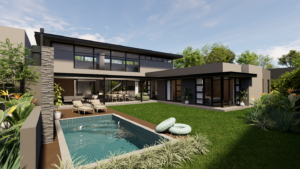 Angled view of a modern courtyard house overlooking a swimming pool and a spacious green lawn.