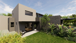Rear exterior of a modern courtyard house with a flat roof, large windows, and a manicured green lawn.