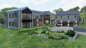 • Exterior view of a luxury modern two-story residence featuring grey stone cladding, large black-framed windows, a gabled roofline, and a separate multi-car garage wing surrounded by lush, tiered landscaping