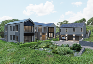 • Exterior view of a luxury modern two-story residence featuring grey stone cladding, large black-framed windows, a gabled roofline, and a separate multi-car garage wing surrounded by lush, tiered landscaping."