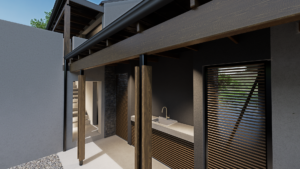 Modern outdoor kitchenette and covered patio featuring dark grey walls, vertical wooden slat privacy screens, a concrete countertop with an integrated sink, and exposed timber beams.