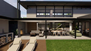 A covered outdoor entertainment area with a dining table, lounge chairs, and a built-in outodoor pizza oven braai area.