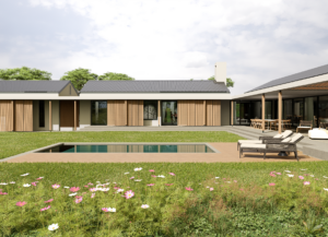 Low-angle view across a wildflower patch toward a backyard swimming pool and a modern house with wood-paneled sliding doors.