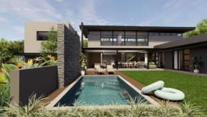Wide-angle view of a luxury backyard featuring a U shaped modern courtyard house, a rectangular plunge pool, and an outdoor dining area
