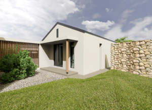 Elevated perspective of a modern farmhouse complex with grey gabled roofs, olive green walls, and surrounding green fields.