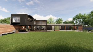 A wide panoramic exterior shot of the contemporary multi-wing layout of The Goose Nest, highlighting the large green lawn and flat-roof architectural elements.