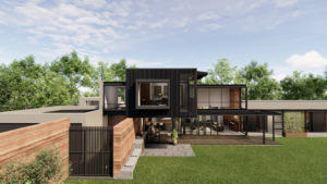 Full rear view from the lawn, showcasing the balance of black metal cladding, glass windows, a concrete structure, and a wood-toned feature wall.