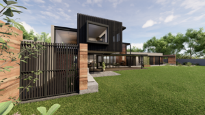 View through a modern black vertical metal batten fence looking onto the manicured green lawn and cantilevered upper story.