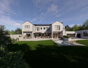 Wide-angle view of a contemporary home exterior from the far end of a large, manicured green backyard lawn under a blue sky.