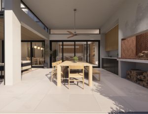 Minimalist covered patio design with a light wood outdoor dining table, chairs, and built-in braai or barbecue area.