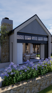 View under the covered veranda space showing a modern outdoor lounge sofa setup framed by purple agapanthus flowers.